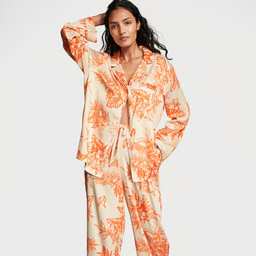 Victoria's Secret Satin Champagne Tropical Toile Pajama Set